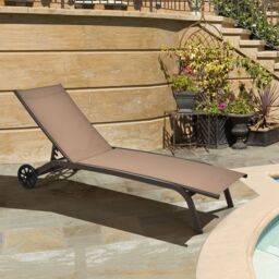 Gymax Adjustable Recliner Patio Chaise Lounge Chair With Wheels Quick-drying in Khaki - thumbnail 8