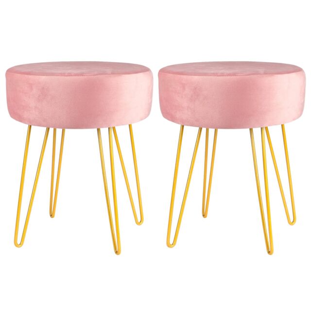 Harbour Housewares Round Velvet Footstools - H40 x D35cm - Gold Hairpin Legs - Pack of 2 in Pink - image 1