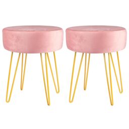 Harbour Housewares Round Velvet Footstools - H40 x D35cm - Gold Hairpin Legs - Pack of 2 in Pink