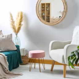 Harbour Housewares Round Velvet Footstools - H40 x D35cm - Gold Hairpin Legs - Pack of 2 in Pink - thumbnail 2