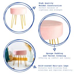 Harbour Housewares Round Velvet Footstools - H40 x D35cm - Gold Hairpin Legs - Pack of 2 in Pink - thumbnail 3