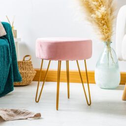 Harbour Housewares Round Velvet Footstools - H40 x D35cm - Gold Hairpin Legs - Pack of 2 in Pink - thumbnail 7