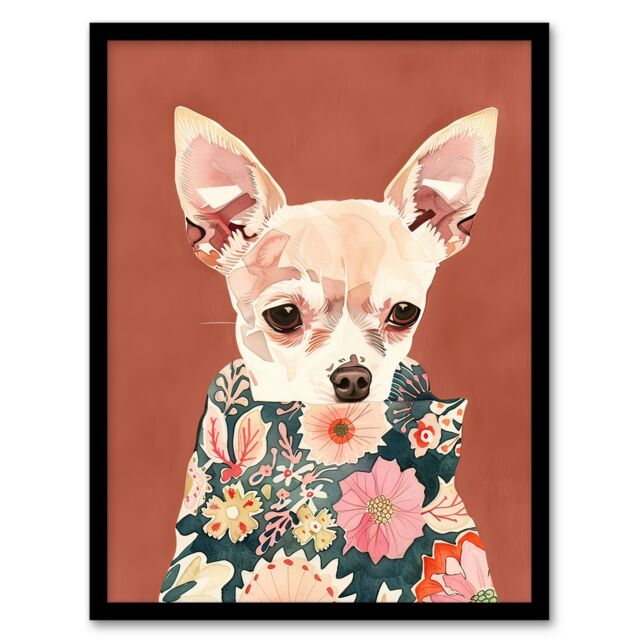 "Artery8 Chihuahua With Floral Coat Dog Lover Watercolour Framed Wall Art in Red - Size: W12"" x H16""" - image 1