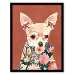 "Artery8 Chihuahua With Floral Coat Dog Lover Watercolour Framed Wall Art in Red - Size: W12"" x H16""" - thumbnail 1