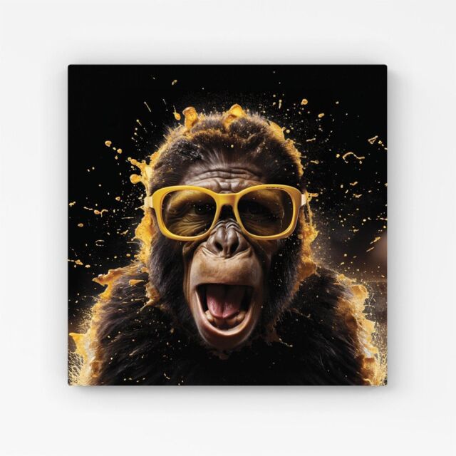 "Warren Reed - Designer Splashart Monkey Face With Yellow Glasses Canvas in Orange - Size: W30"" x H30""" - image 1