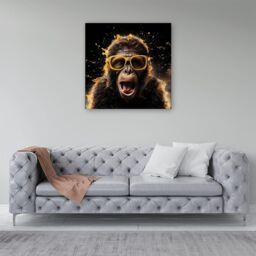 "Warren Reed - Designer Splashart Monkey Face With Yellow Glasses Canvas in Orange - Size: W30"" x H30""" - thumbnail 4
