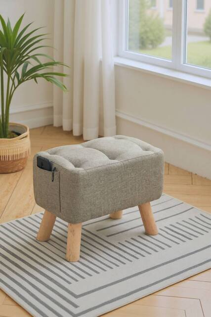 Living and Home Linen Upholstered Ottoman Footstool with Pocket in Khaki - image 1