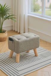 Living and Home Linen Upholstered Ottoman Footstool with Pocket in Khaki - thumbnail 1