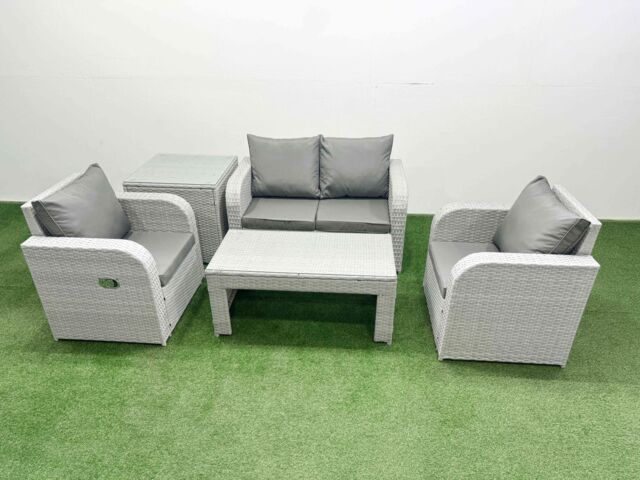 Fimous Light Grey PE Wicker Rattan Garden Furniture Set Sofa Set Reclining Adjustable Chair Oblong Coffee Table 4 Seater With Side Table - image 1