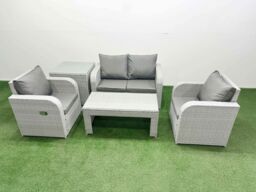 Fimous Light Grey PE Wicker Rattan Garden Furniture Set Sofa Set Reclining Adjustable Chair Oblong Coffee Table 4 Seater With Side Table - thumbnail 1