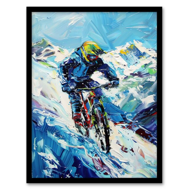 Artery8 Snow Mountain Biker Snowbike Race Sport Painting Framed Art Print in Blue - Size: A4 - image 1