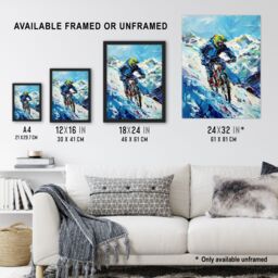 Artery8 Snow Mountain Biker Snowbike Race Sport Painting Framed Art Print in Blue - Size: A4 - thumbnail 3