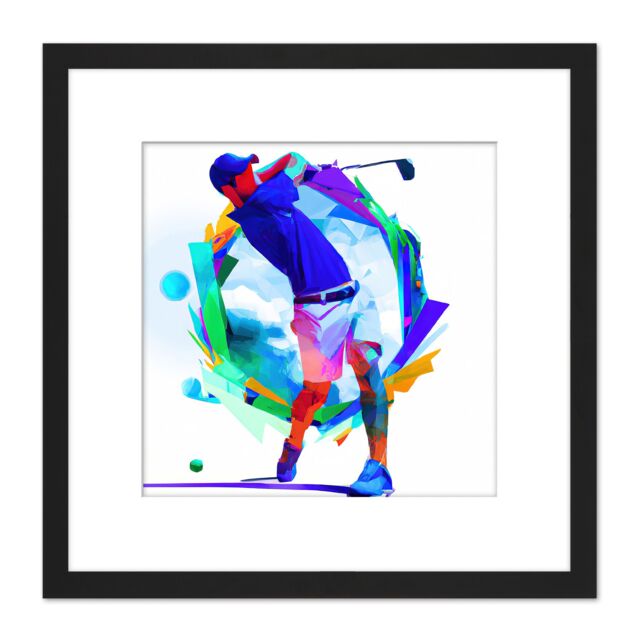 Artery8 Abstract Golfer Golf Course Golfing Swing Bright Painting Square Wooden Framed Wall Art Print Picture 8X8 Inch in Black - image 1