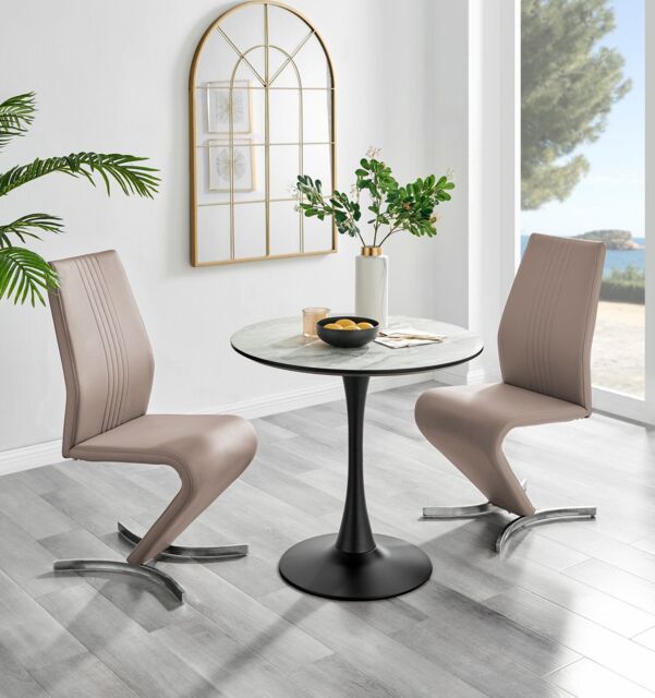 FurnitureboxUK Elina White Marble Effect Scratch Resistant Dining Table & 2 Willow Faux Leather Chairs in Beige - image 1