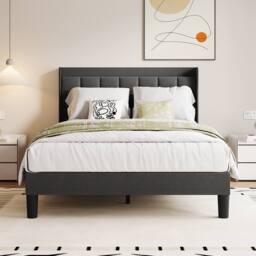 Dprodo Bed Frame with Linen Upholstered Tufted Headboard in Grey - Size: Single - thumbnail 4