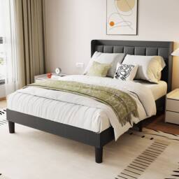 Dprodo Bed Frame with Linen Upholstered Tufted Headboard in Grey - Size: Single - thumbnail 5