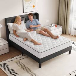 Dprodo Bed Frame with Linen Upholstered Tufted Headboard in Grey - Size: Single - thumbnail 2