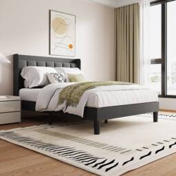 Dprodo Bed Frame with Linen Upholstered Tufted Headboard in Grey - Size: Single