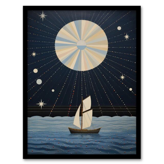 "Wee Blue Coo Wall Art Print Sailing Into The Moonlight Boat in Full Moon Seascape Blue Tan Oil Painting Art Framed in Dark Blue - Size: W12"" x H16""" - image 1