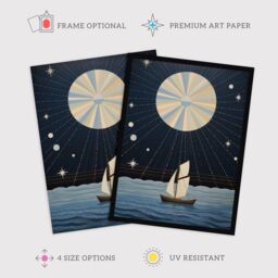 "Wee Blue Coo Wall Art Print Sailing Into The Moonlight Boat in Full Moon Seascape Blue Tan Oil Painting Art Framed in Dark Blue - Size: W12"" x H16""" - thumbnail 2