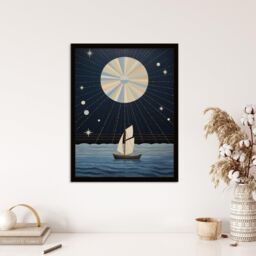 "Wee Blue Coo Wall Art Print Sailing Into The Moonlight Boat in Full Moon Seascape Blue Tan Oil Painting Art Framed in Dark Blue - Size: W12"" x H16""" - thumbnail 4