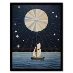 "Wee Blue Coo Wall Art Print Sailing Into The Moonlight Boat in Full Moon Seascape Blue Tan Oil Painting Art Framed in Dark Blue - Size: W12"" x H16""" - thumbnail 1