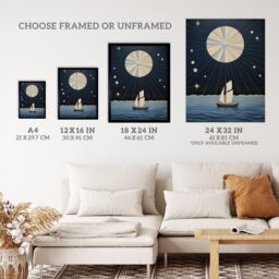 "Wee Blue Coo Wall Art Print Sailing Into The Moonlight Boat in Full Moon Seascape Blue Tan Oil Painting Art Framed in Dark Blue - Size: W12"" x H16""" - thumbnail 3