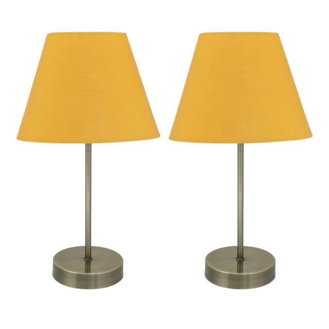 First Choice Lighting Set of 2 Antique Brass Stick Table Lamps with Ochre Fabric Shades in Yellow - image 1