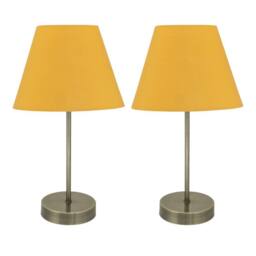 First Choice Lighting Set of 2 Antique Brass Stick Table Lamps with Ochre Fabric Shades in Yellow
