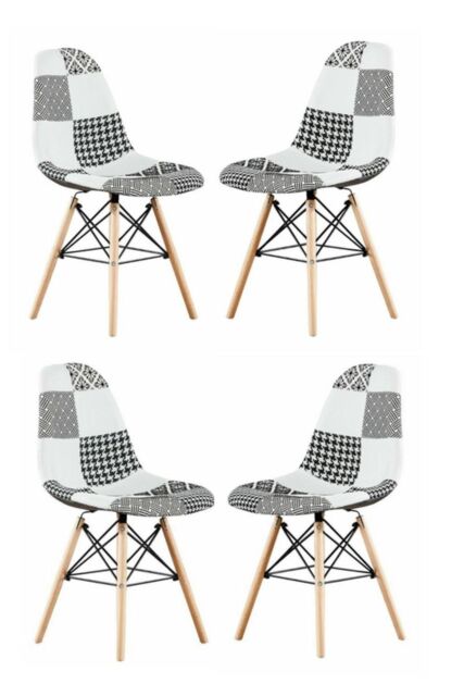 Life Interiors Set of 4 Patchwork Modern Dining Chairs with Wooden Legs & Black Metal Wire Frame - image 1