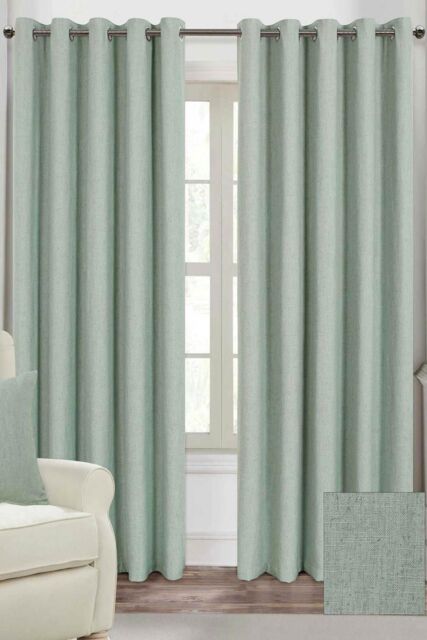 Homescapes Linen Eyelet Lined Curtain Pair in Duck Egg Blue - Size: 228 cm width x 183 cm drop - image 1