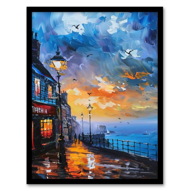 Artery8 Seaside Town Promenade Sunset Oil Painting Framed Art Print in Blue - Size: A4 - image 1