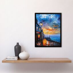 Artery8 Seaside Town Promenade Sunset Oil Painting Framed Art Print in Blue - Size: A4 - thumbnail 4