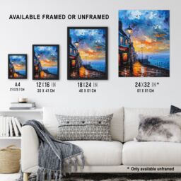 Artery8 Seaside Town Promenade Sunset Oil Painting Framed Art Print in Blue - Size: A4 - thumbnail 3
