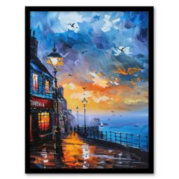 Artery8 Seaside Town Promenade Sunset Oil Painting Framed Art Print in Blue - Size: A4 - thumbnail 1