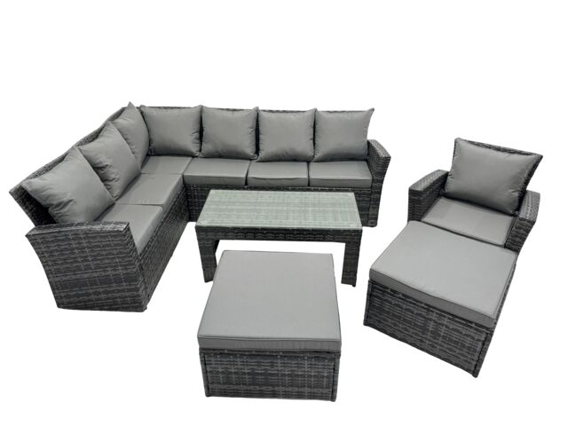 Fimous 9 Seat Poly Rattan Corner Sofa Set with 2 Big Stool Chair in Dark Grey - image 1