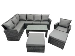 Fimous 9 Seat Poly Rattan Corner Sofa Set with 2 Big Stool Chair in Dark Grey - thumbnail 1