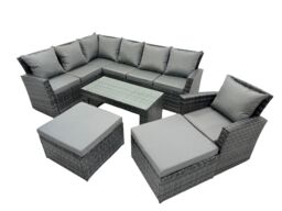 Fimous 9 Seat Poly Rattan Corner Sofa Set with 2 Big Stool Chair in Dark Grey - thumbnail 2
