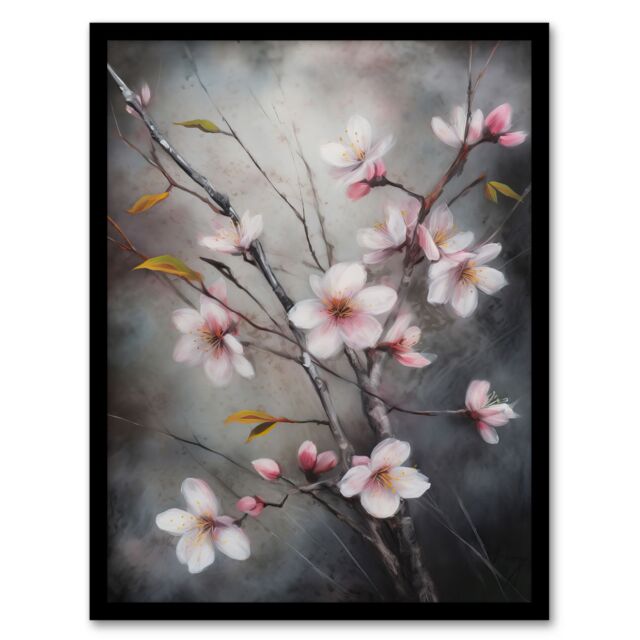 Artery8 Wall Art Print Cherry Blossom Tree Branch Soft Pastel Painting Pink Grey Elegant Detail Bloom Nature Colourful Bright Floral Modern Artwork - image 1