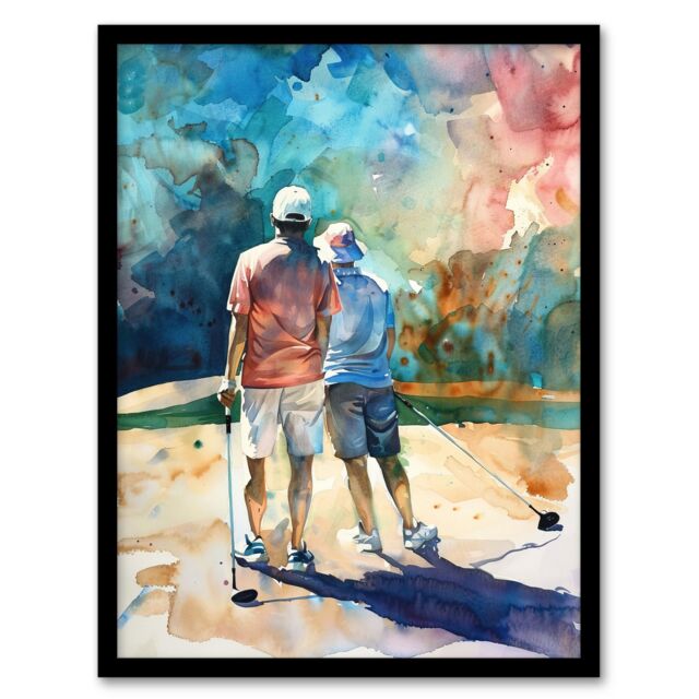 "Artery8 Two Golfer Friends in Bunker Watercolour Golf Sun Framed Art Print in Blue - Size: W12"" x H16""" - image 1