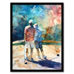 "Artery8 Two Golfer Friends in Bunker Watercolour Golf Sun Framed Art Print in Blue - Size: W12"" x H16""" - thumbnail 1