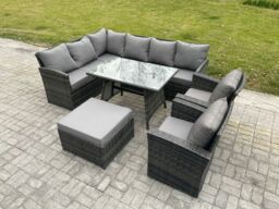 Fimous 9 Seater Rattan Garden Furniture Sets High Back Corner Sofa Rectangular Dining Table Set with Big Footstool 2 Armchairs Dark Grey Mixed - thumbnail 1