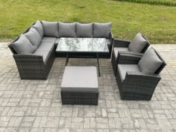 Fimous 9 Seater Rattan Garden Furniture Sets High Back Corner Sofa Rectangular Dining Table Set with Big Footstool 2 Armchairs Dark Grey Mixed - thumbnail 2