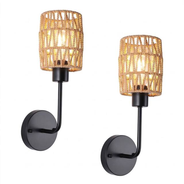 NIVOR Farmhouse Woven Rattan Dimmable Armed Sconce Wall LIght (Set of 2) E27 in Brown - image 1