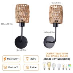 NIVOR Farmhouse Woven Rattan Dimmable Armed Sconce Wall LIght (Set of 2) E27 in Brown - thumbnail 2