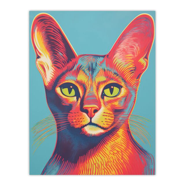 Artery8 Wall Art Print Abyssinian Cat Lino Reduction Red On Blue Bold Vibrant Screen Risograph Artwork Spot Block Colour Duotone Retro Riso Interior - image 1