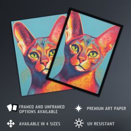 Artery8 Wall Art Print Abyssinian Cat Lino Reduction Red On Blue Bold Vibrant Screen Risograph Artwork Spot Block Colour Duotone Retro Riso Interior - thumbnail 2