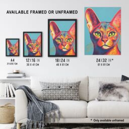 Artery8 Wall Art Print Abyssinian Cat Lino Reduction Red On Blue Bold Vibrant Screen Risograph Artwork Spot Block Colour Duotone Retro Riso Interior - thumbnail 3