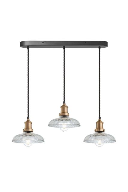 Industville Brooklyn Glass Dome 3 Wire Oval Cluster Lights, 8 inch, Brass holder in Bronze