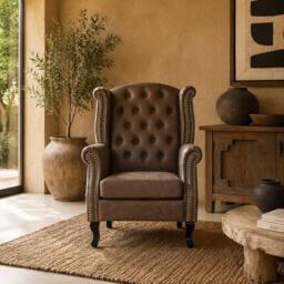 Wyld Haus Selato Brown Chesterfield Style Wingback Accent Chair Faux Leather - thumbnail 2